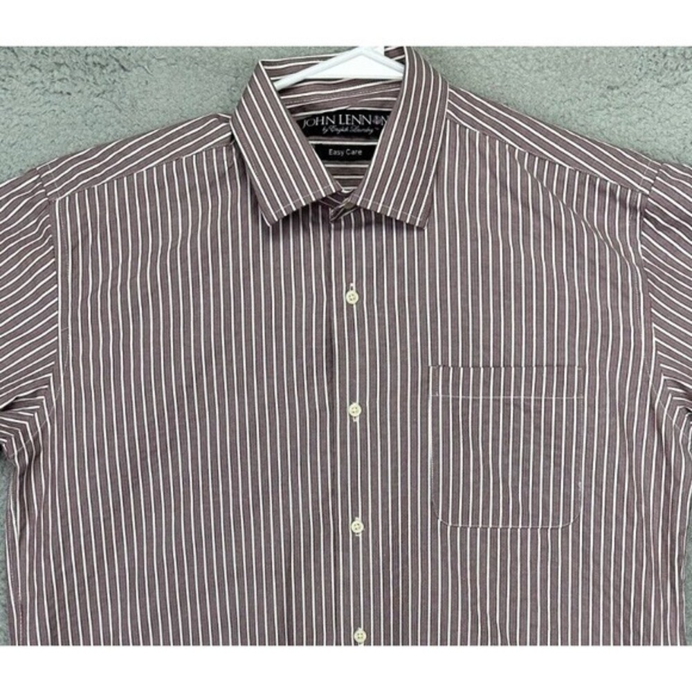 John Lennon Dress Shirt Mens Medium 15 32-33 Maroon Striped Button Up Easy‎ Care